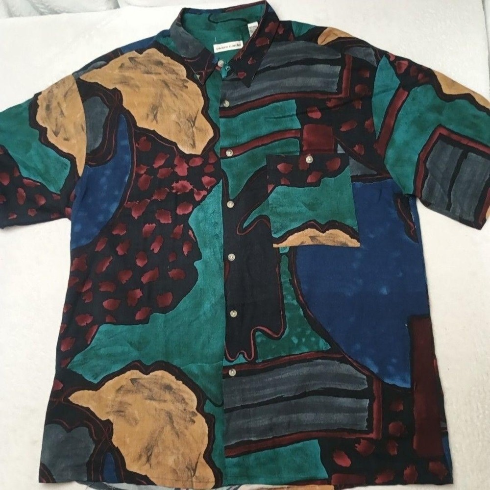 Pierre Cardin Shirt Mens XL Multicolor Abstact Short Sleeve Button-Up Rayon